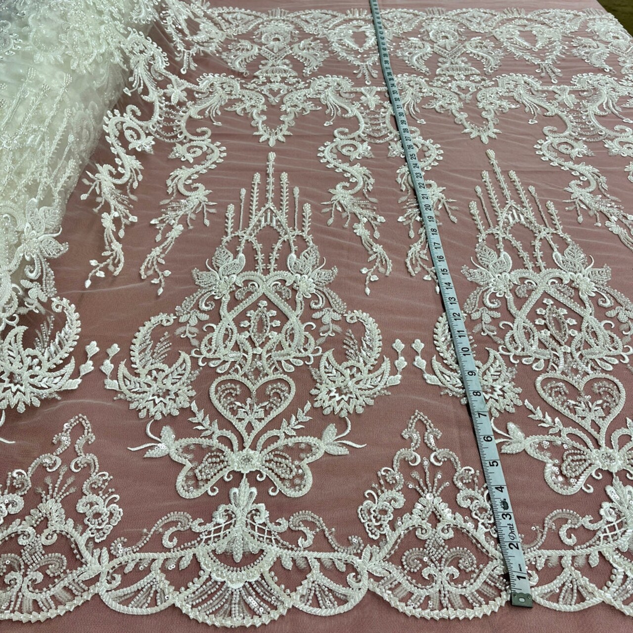 1 Yard Floral Embroidered Lace Fabric on Sheer Polyester Mesh, White, Ivory, and Blush